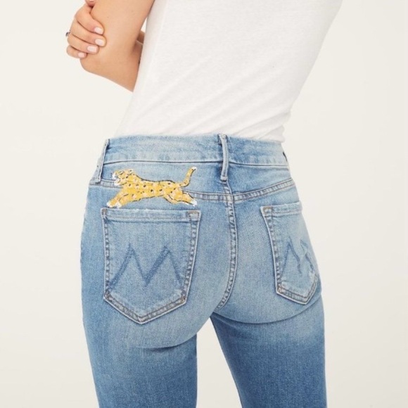 MOTHER High Waisted Looker Ankle Fray Jeans, Shoot to Thrill Wash w/ Leopard - Picture 9 of 10